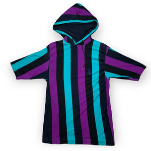 Vintage 90s Umen Colorblock Striped Hooded Short Sleeve Shirt/ Sweatshirt- Small